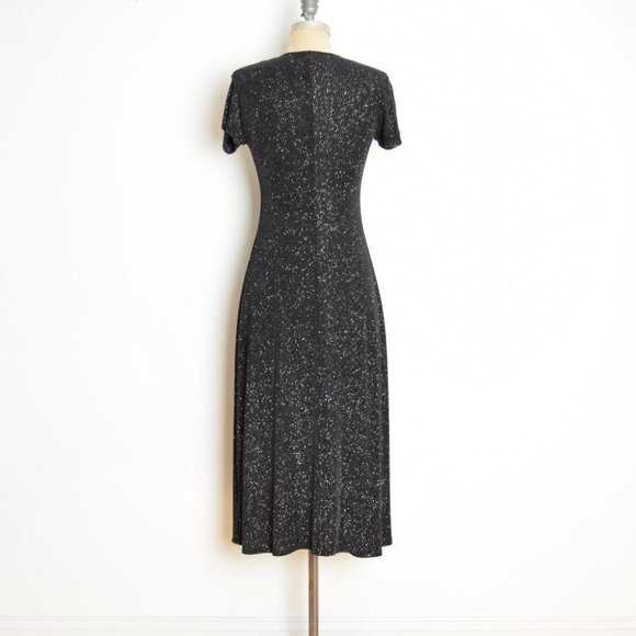vintage 90s dress black stretch knit sparkle glitter print long maxi party XS S - Picture 6 of 9